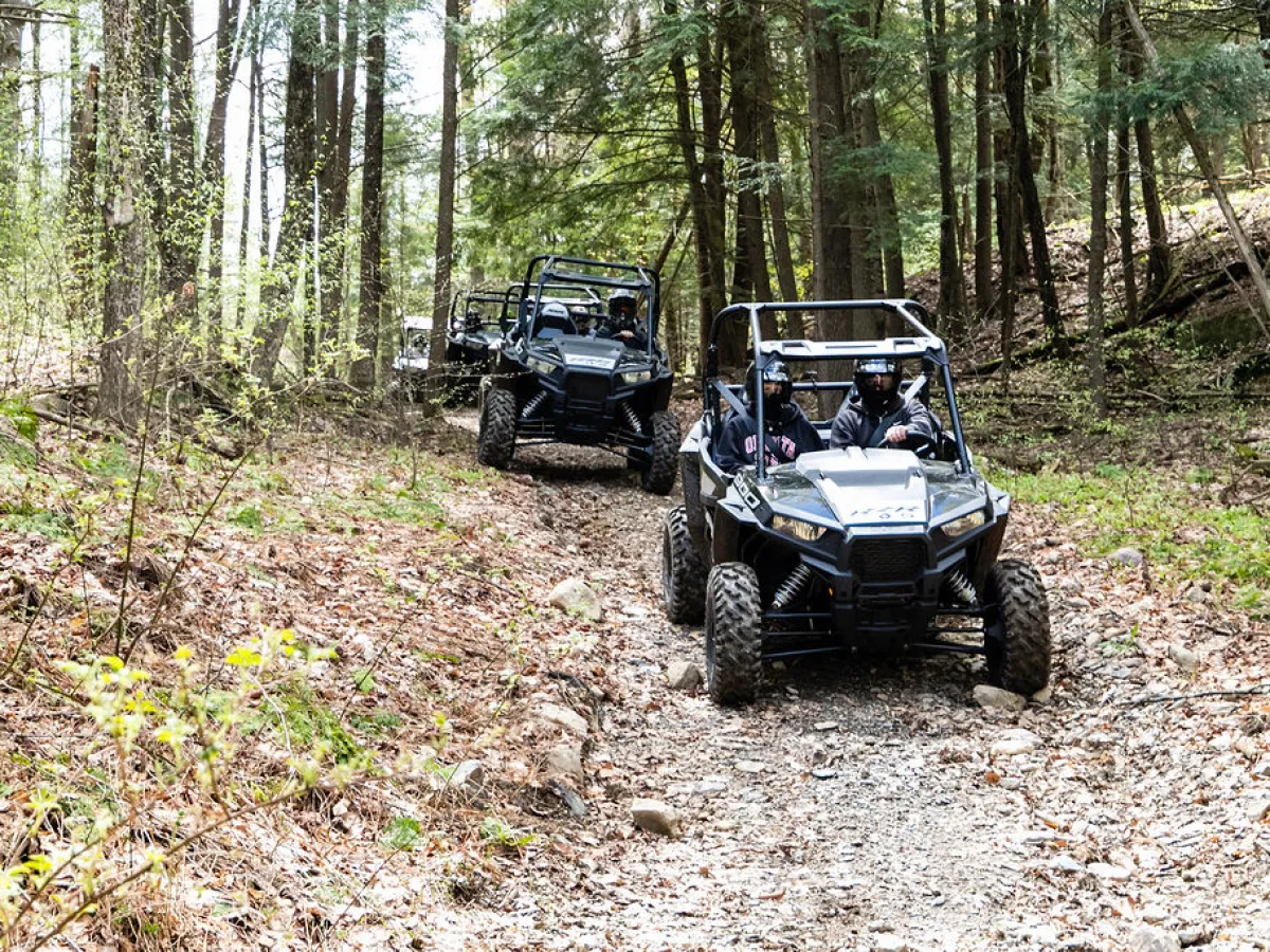 a rzr parked on path in a forest