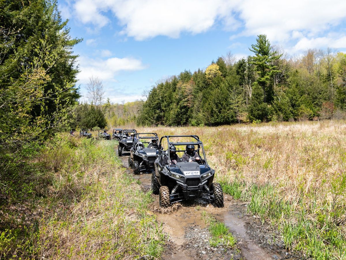 a rzr is parked on the side of a dirt field