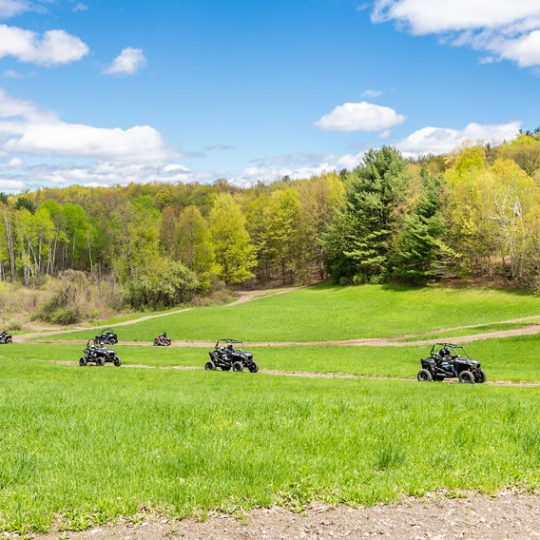 group of people driving rzrs through a lush green field