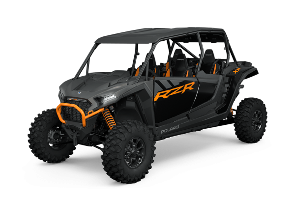 A gray off-road vehicle with orange accents and rugged tires on a white background.
