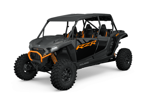 A gray off-road vehicle with orange accents and rugged tires on a white background.